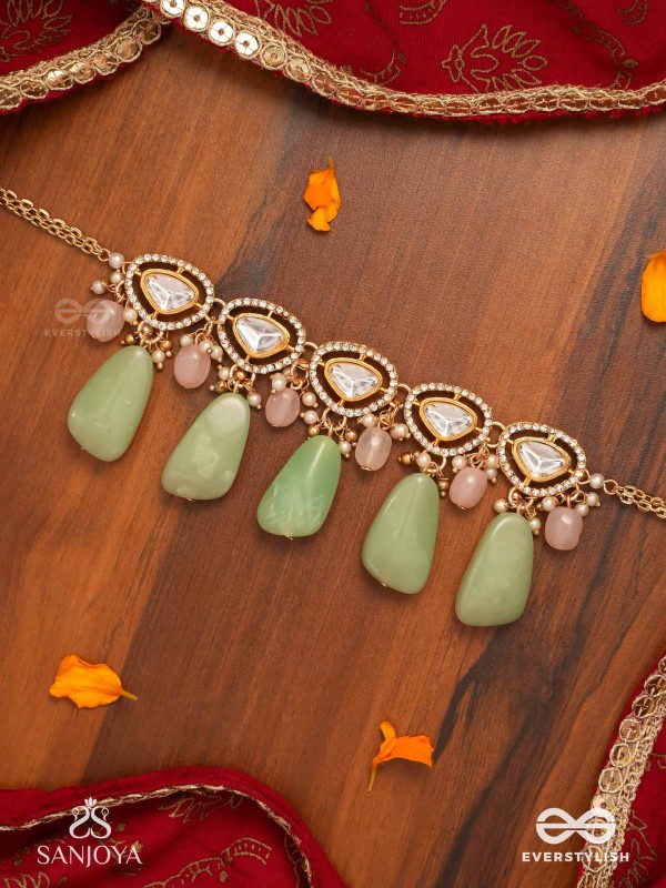 SHITALA - COOLING GRACE - CLASSIC GREEN KUNDAN POLKI CHOKER WITH GOLDEN DETAILS AND SOFT GEM ACCENTS