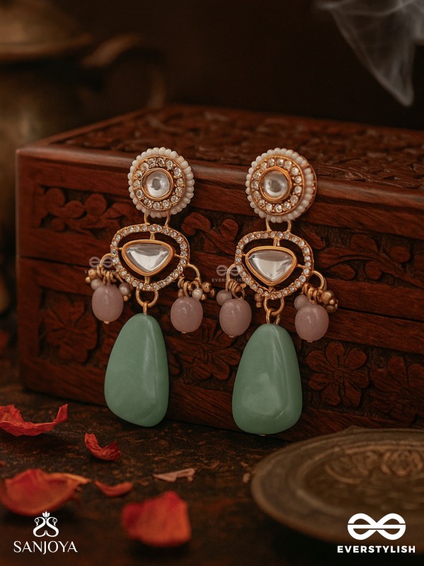 SHITALA - COOLING GRACE - CLASSIC GREEN KUNDAN POLKI EARRINGS WITH GOLDEN DETAILS AND SOFT GEM ACCENTS