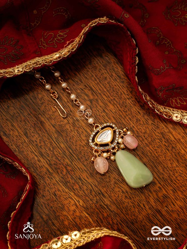 SHITALA - COOLING GRACE - CLASSIC GREEN KUNDAN POLKI MAANGTIKA WITH GOLDEN DETAILS AND SOFT GEM ACCENTS