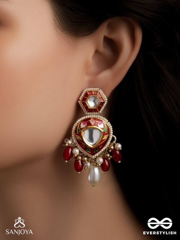 JWLALA - FLAME-LIKE BEAUTY - MAJESTIC HANDCRAFTED KUNDAN EARRINGS WITH ORNATE RED AND GOLDEN DETAILS