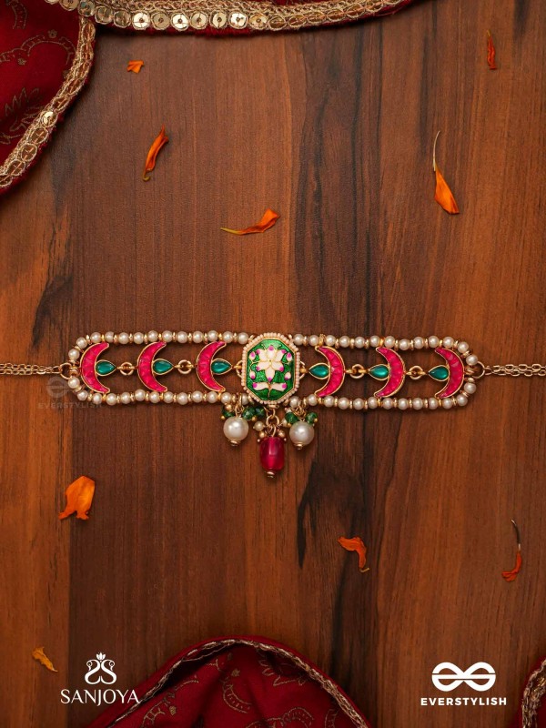 INDULEKHA - MOON'S BEAUTY - EXQUISITE CRESCENT-MOTIF KUNDAN CHOKER WITH ENAMEL DETAILS AND PEARL DROPS