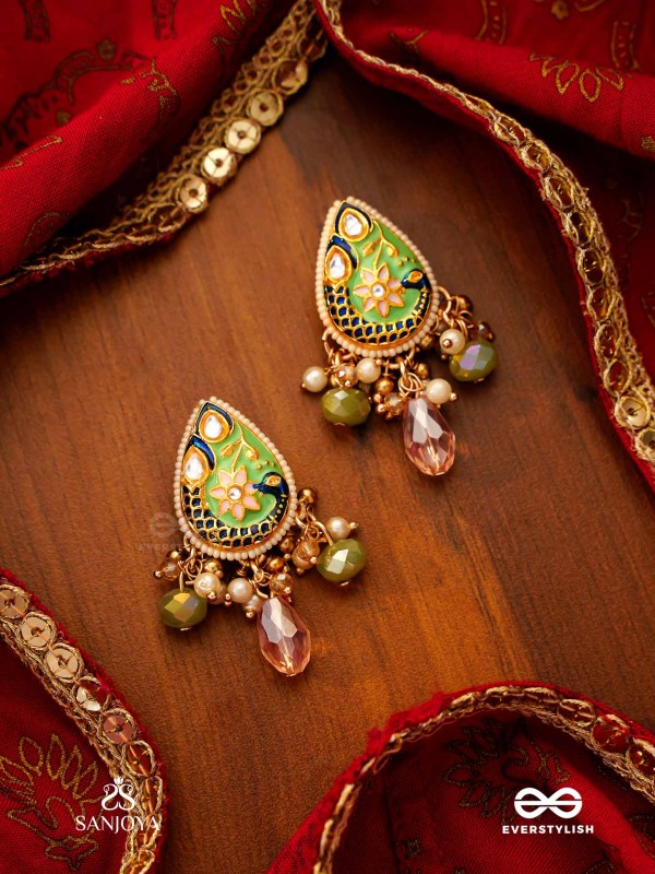 MADHURIMA - SWEET ELEGANCE - HANDCRAFTED HERITAGE KUNDAN EARRINGS WITH GOLDEN POLKI AND GEM DROPS