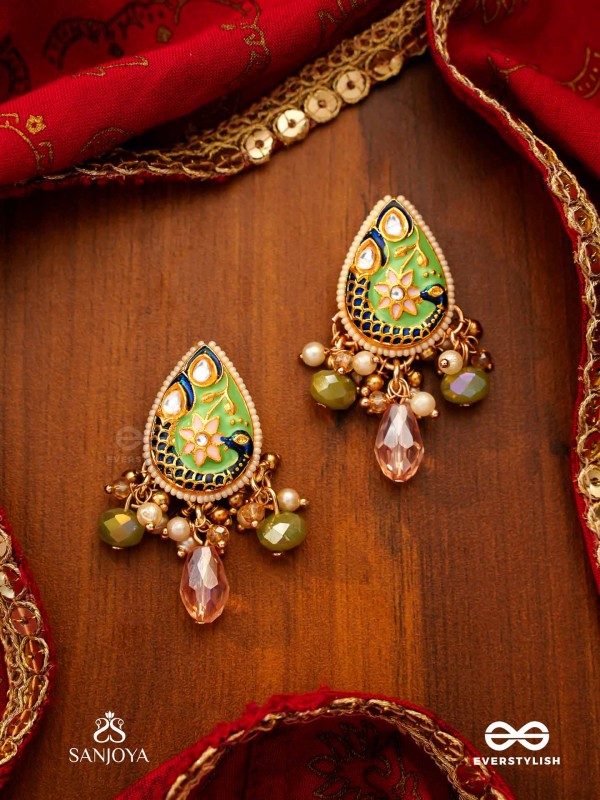 MADHURIMA - SWEET ELEGANCE - HANDCRAFTED HERITAGE KUNDAN EARRINGS WITH GOLDEN POLKI AND GEM DROPS