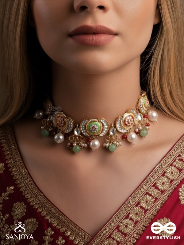 SUVARNACHANDRA - GOLDEN MOON - ROYAL KUNDAN CHOKER WITH ORNATE CRESCENT DESIGNS AND GEM EMBELLISHMENTS