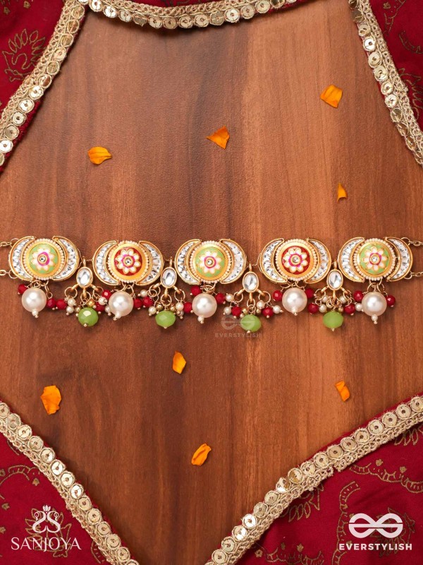 SUVARNACHANDRA - GOLDEN MOON - ROYAL KUNDAN CHOKER WITH ORNATE CRESCENT DESIGNS AND GEM EMBELLISHMENTS