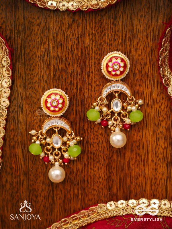 SUVARNACHANDRA - GOLDEN MOON - ROYAL KUNDAN EARRINGS WITH ORNATE CRESCENT DESIGNS AND GEM EMBELLISHMENTS