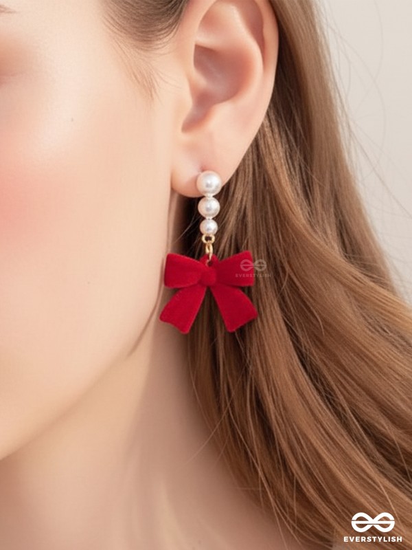 RUBY GRACE - TIMELESS RED BOW & PEARL EARRINGS
