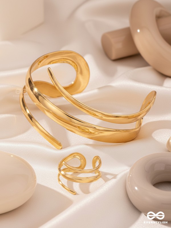 AURIC SWIRL - CONTEMPORARY GOLDEN TWIST RING+ TWISTED GLEAM- SLEEK AND POLISHED METALLIC CUFF BRACELET
