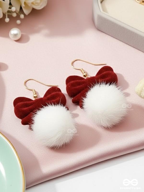 VELVET FLUFF- SWEET BOW & POM STATEMENT EARRINGS