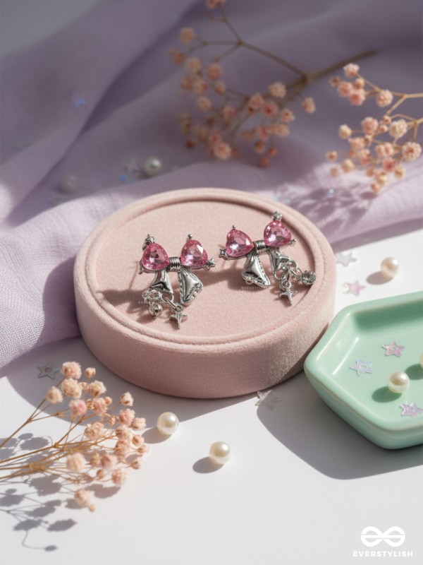 MOONLIT RHYTHM - ROMANTIC PINK GEM AND SILVER CHARM EARRINGS