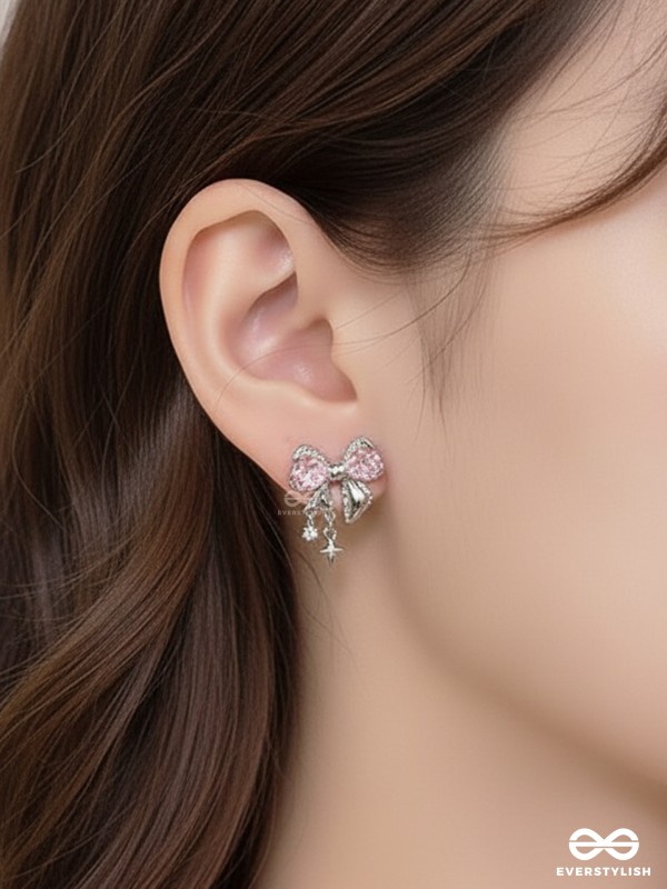 MOONLIT RHYTHM - ROMANTIC PINK GEM AND SILVER CHARM EARRINGS