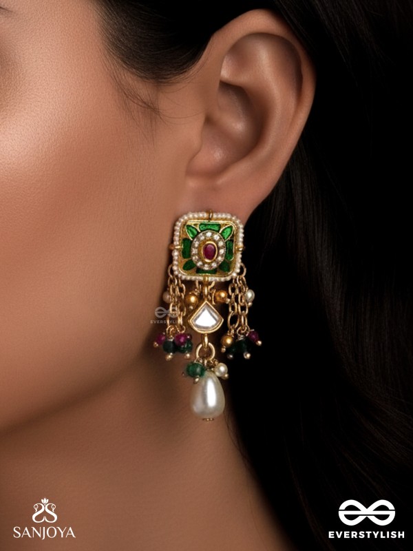 RANIRAGA - QUEEN’S MELODY- EXQUISITE KUNDAN EARRINGS WITH FLORAL ENAMEL WORK, BEADS AND PEARLS