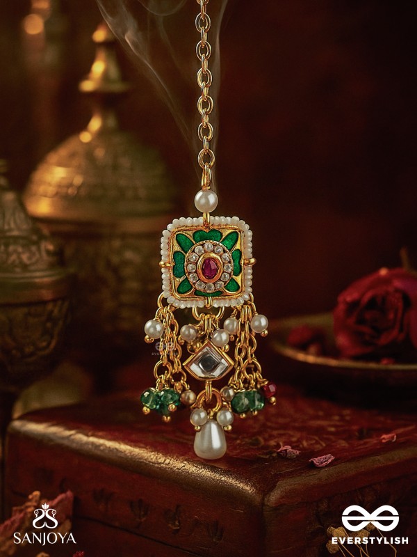 RANIRAGA - QUEEN’S MELODY- EXQUISITE KUNDAN MAANGTIKA WITH FLORAL ENAMEL WORK, BEADS AND PEARLS