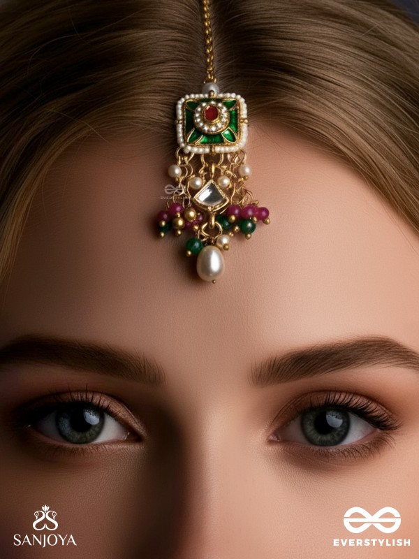 RANIRAGA - QUEEN’S MELODY- EXQUISITE KUNDAN MAANGTIKA WITH FLORAL ENAMEL WORK, BEADS AND PEARLS