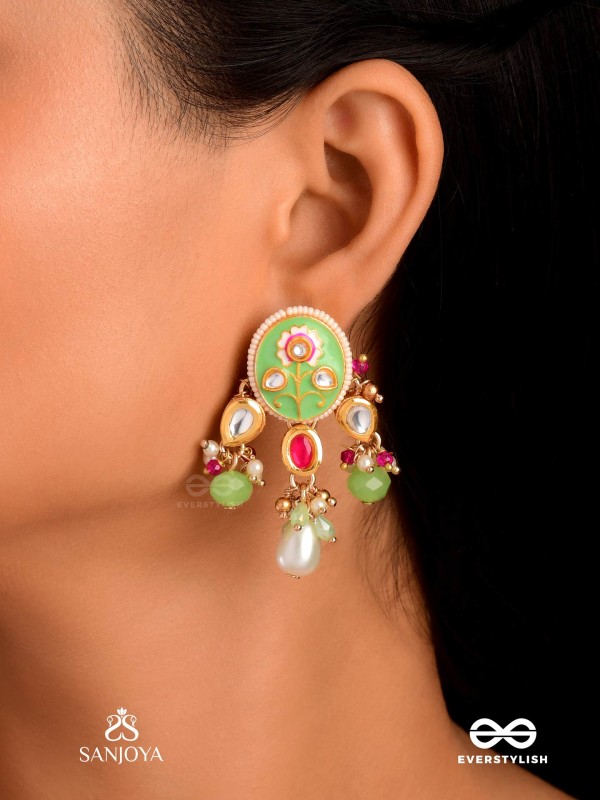 KARUNYA - GRACEFUL AURA- INTRICATE KUNDAN EARRINGS WITH PEARLS, BEADS AND GEMSTONES