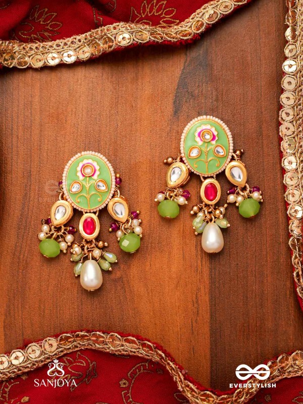 KARUNYA - GRACEFUL AURA- INTRICATE KUNDAN EARRINGS WITH PEARLS, BEADS AND GEMSTONES