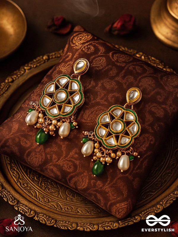 TARALYA - GENTLE RADIANCE- MINIMAL KUNDAN EARRINGS WITH GREEN DROPS AND PEARLS