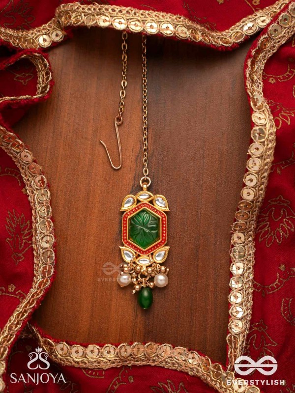 PITAMBRINI - ADORNED IN YELLOW- KUNDAN HANDCRAFTED MAANGTIKA WITH PEARLS AND BEADS