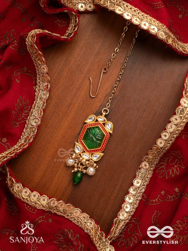 PITAMBRINI - ADORNED IN YELLOW- KUNDAN HANDCRAFTED MAANGTIKA WITH PEARLS AND BEADS