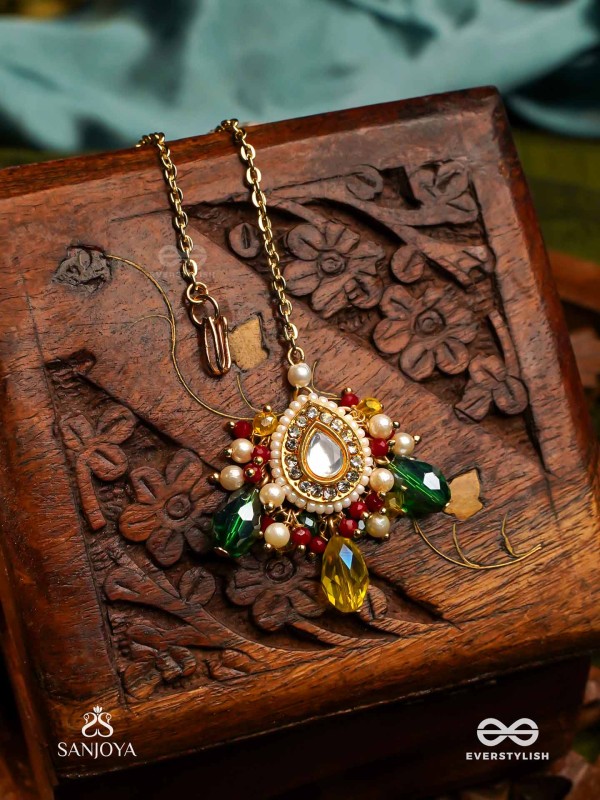 MRIDULYA - TENDER BEAUTY-  KUNDAN MAANGTIKA WITH DETAILED ROUND PENDANT, PEARLS AND BEADS