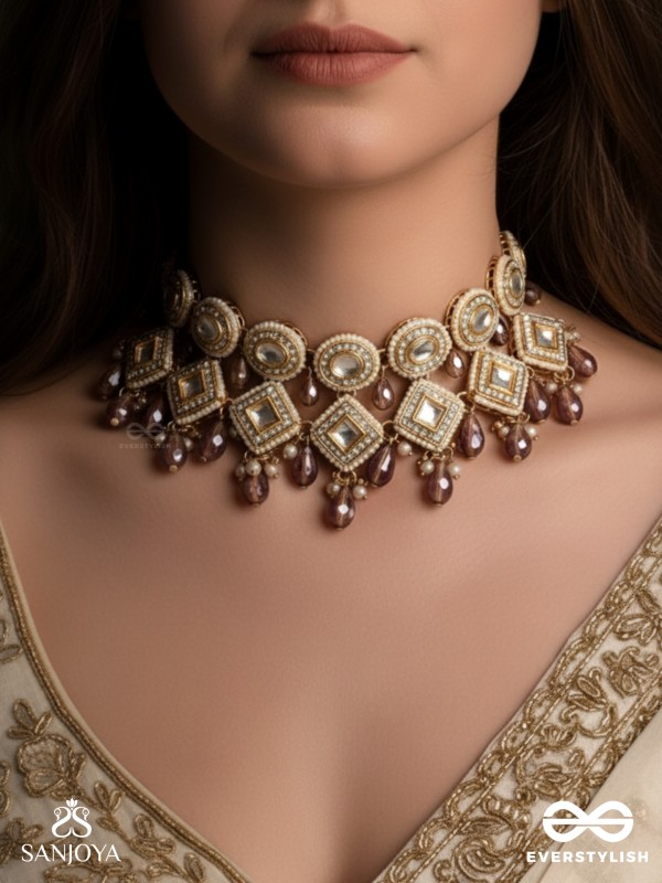 SHYAMALA - DUSKY QUEEN- GEOMETRIC POLKI NECKLACE WITH RICH GLASS DROPS AND PEARLS