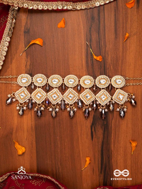 SHYAMALA - DUSKY QUEEN- GEOMETRIC POLKI NECKLACE WITH RICH GLASS DROPS AND PEARLS