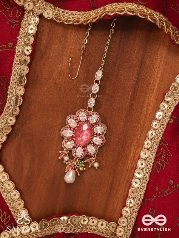 LALIMA - TINT OF PINK- HAND EMBROIDERED MAANGTIKA WITH PEARL DROPLETS AND GEMSTONES
