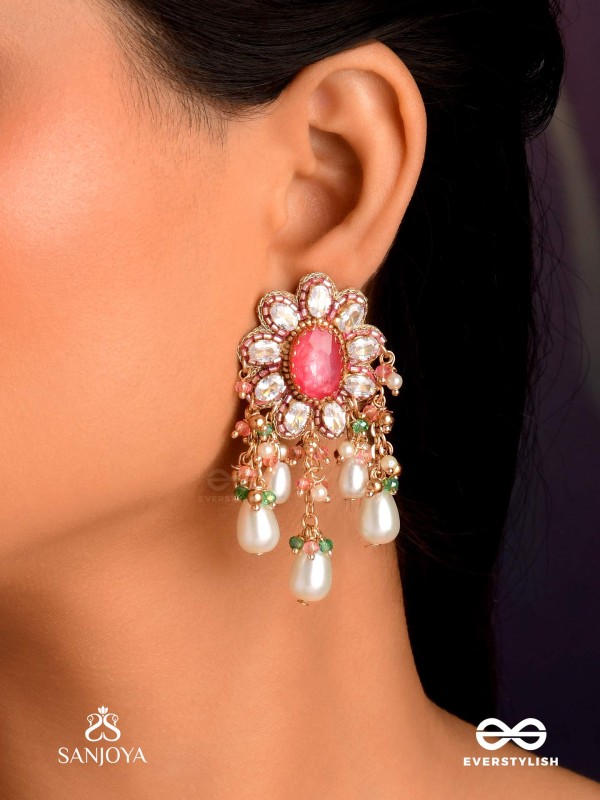 LALIMA - TINT OF PINK-  HAND EMBROIDERED EARRINGS WITH PEARL DROPLETS AND GEMSTONES