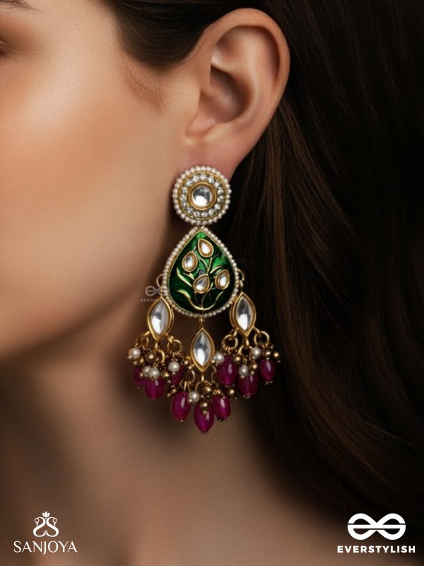 SINDURYA - SCARLET RAYS- GRAND CRESCENT ENAMEL KUNDAN EARRINGS WITH PEARLS AND BEADS