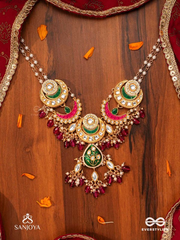 SINDURYA - SCARLET RAYS- GRAND CRESCENT ENAMEL KUNDAN NECKLACE WITH PEARLS AND BEADS