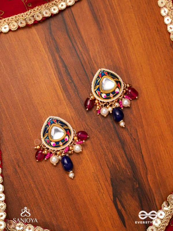 KUMUDRAAG - BLOOMING AT NIGHT-  INTRICATE ENAMELLED HANDCRAFTED KUNDAN EARRINGS WITH PEARLS AND BEADS