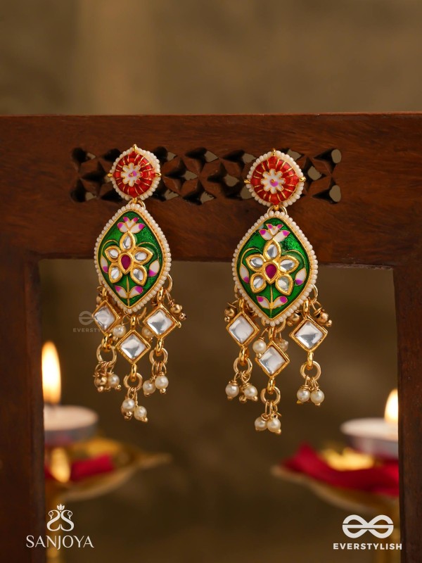 SHRINGARIKA - THE ADORNED ONE- ELEGANT PEARL EARRINGS WITH GREEN ENAMEL DROP, KUNDAN AND BEADS