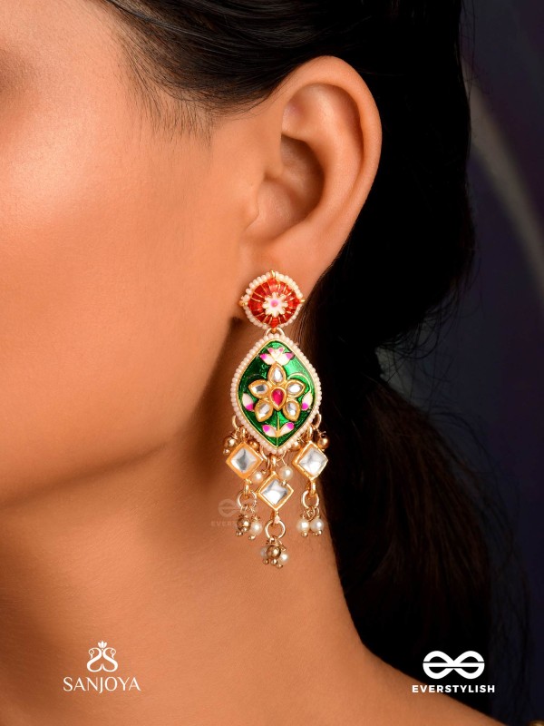 SHRINGARIKA - THE ADORNED ONE- ELEGANT PEARL EARRINGS WITH GREEN ENAMEL DROP, KUNDAN AND BEADS