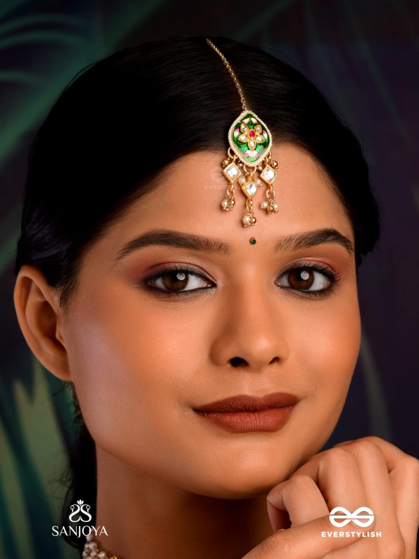 SHRINGARIKA - THE ADORNED ONE- ELEGANT PEARL MAANGTIKA WITH GREEN ENAMEL DROP, KUNDAN AND BEADS