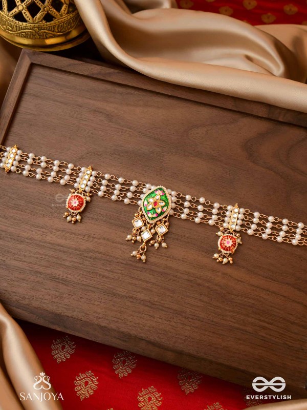SHRINGARIKA - THE ADORNED ONE- ELEGANT PEARL NECKLACE WITH GREEN ENAMEL DROP, KUNDAN AND BEADS