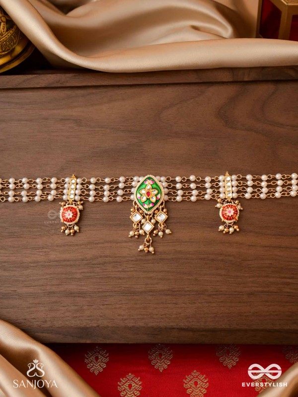 SHRINGARIKA - THE ADORNED ONE- ELEGANT PEARL NECKLACE WITH GREEN ENAMEL DROP, KUNDAN AND BEADS
