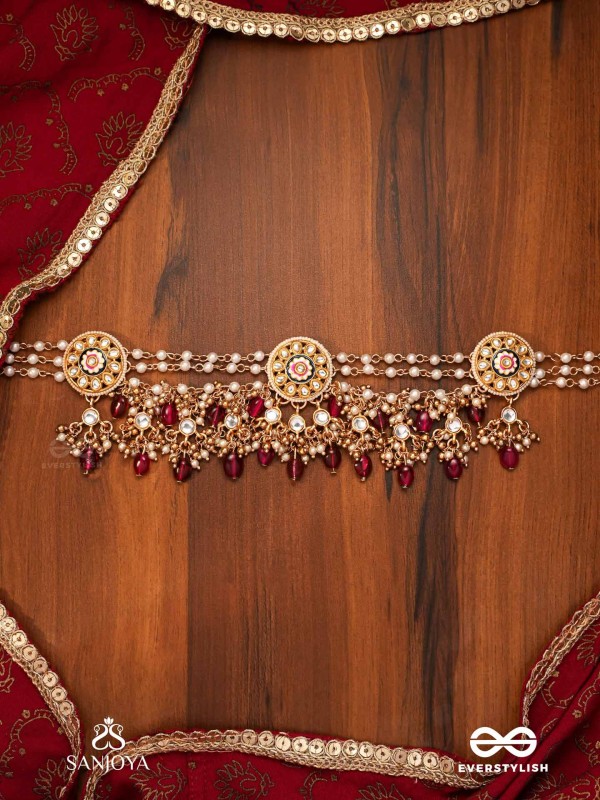 TRIBANDHURA - THREE-STRANDED BEAUTY- TRIPLE-CHAIN KUNDAN NECKPIECE WITH FLORAL ENAMELLED MEDALLIONS AND RUBY DROPS