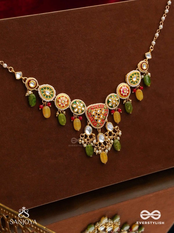 SATRANGIJA - RAINBOW-CLAD- FESTIVE ENAMELLED KUNDAN NECKLACE WITH COLORFUL DROPS AND PEARLS