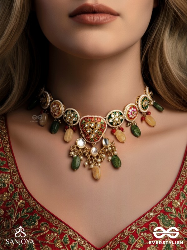 SATRANGIJA - RAINBOW-CLAD- FESTIVE ENAMELLED KUNDAN NECKLACE WITH COLORFUL DROPS AND PEARLS
