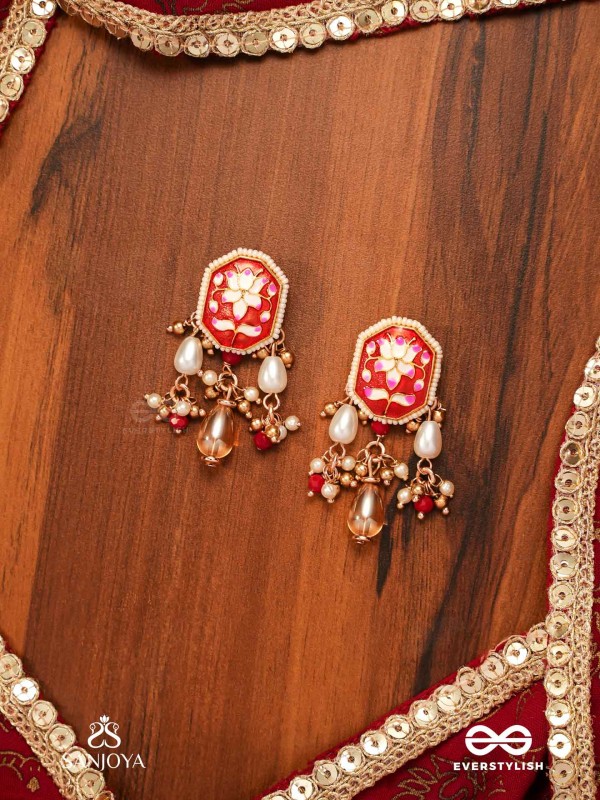 ABHARANI - THE ADORNED QUEEN- FINE TRADITIONAL KUNDAN EARRINGS WITH RED ENAMEL WORK, PEARL AND BEADS