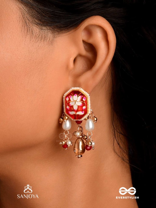 ABHARANI - THE ADORNED QUEEN- FINE TRADITIONAL KUNDAN EARRINGS WITH RED ENAMEL WORK, PEARL AND BEADS