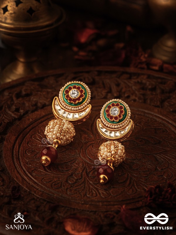 SHASHIRATNA - MOON GEM- MINIMALISTIC KUNDAN ENAMEL EARRINGS WITH FLORAL CENTER, PEARL SPHERES AND CELESTIAL DESIGN