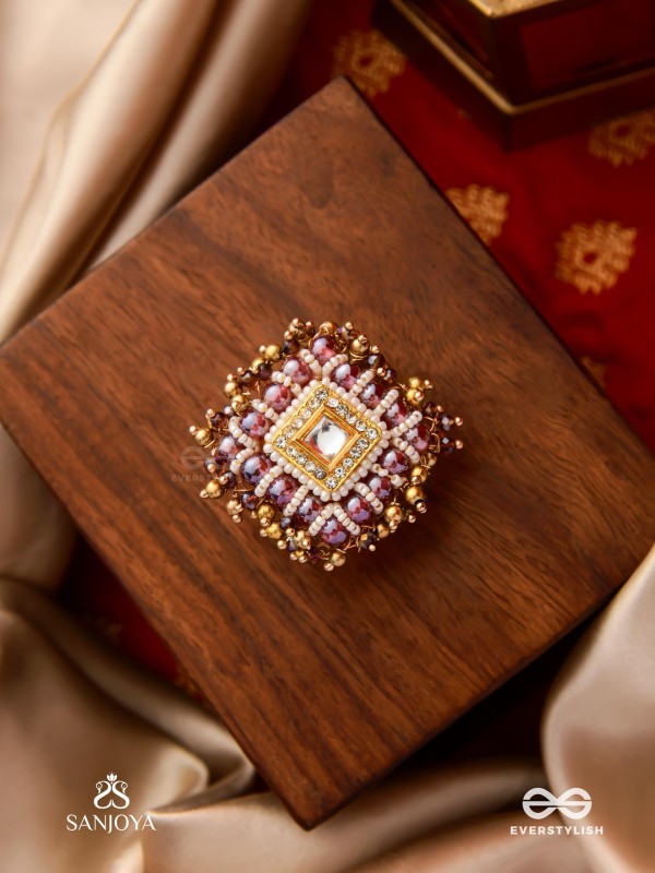 SHYAMALA - DUSKY QUEEN- GEOMETRIC POLKI RING WITH RICH GLASS DROPS AND PEARLS