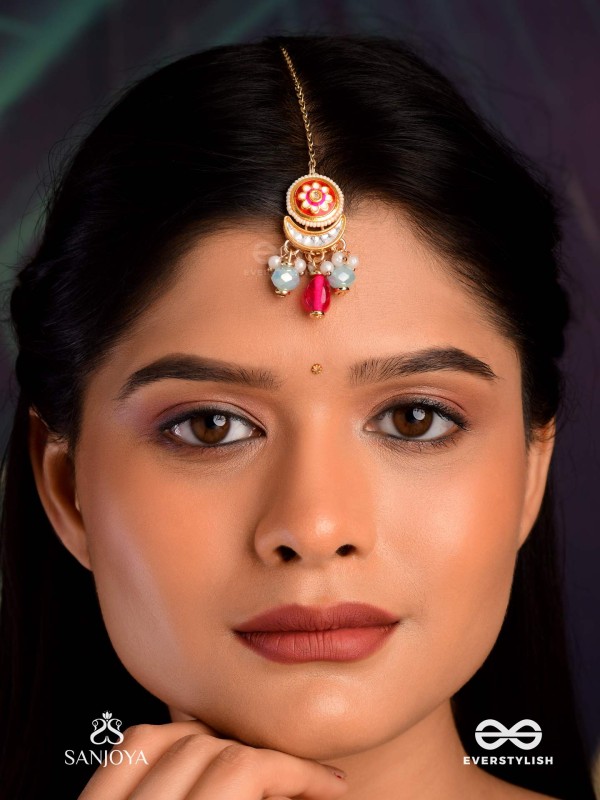 ROCHITA - BLOSSOMED TIP - ENAMELED FLORAL MAANGTIKA WITH CRESCENT AND MULTICOLORED BEADS