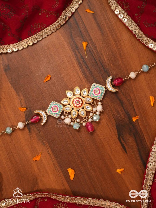 SOMARANGI - MOON-HUED BEAUTY- FLORAL ENAMELLED KUNDAN CHOKER WITH COLORFUL BEAD DROPS AND PEARLS