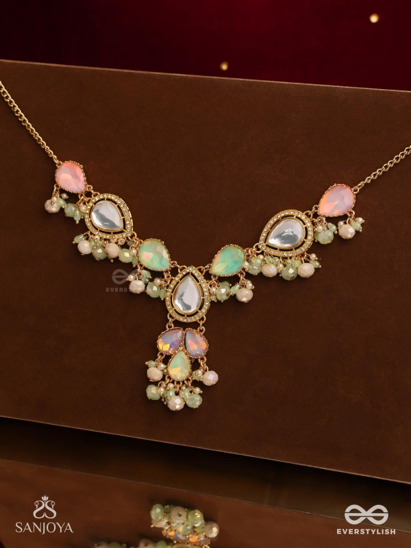 PRITHULAA - DELICATE DROP- PASTEL DROPS KUNDAN NECKPIECE WITH PEARL ACCENTS, GEMSTONES AND BEADS