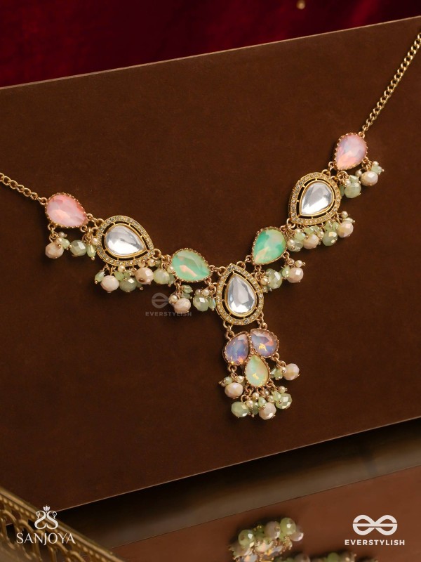 PRITHULAA - DELICATE DROP- PASTEL DROPS KUNDAN NECKPIECE WITH PEARL ACCENTS, GEMSTONES AND BEADS