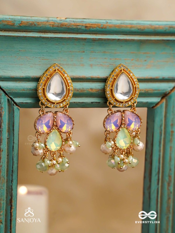 PRITHULAA - DELICATE DROP- PASTEL DROPS KUNDAN EARRINGS WITH PEARL ACCENTS, GEMSTONES AND BEADS