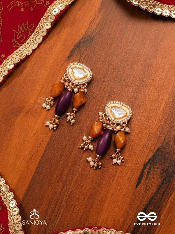 RASARANJANI - COLORFUL HARMONY- CONTEMPORARY KUNDAN STATEMENT EARRINGS WITH DEEP-HUED BEADS AND PEARLS