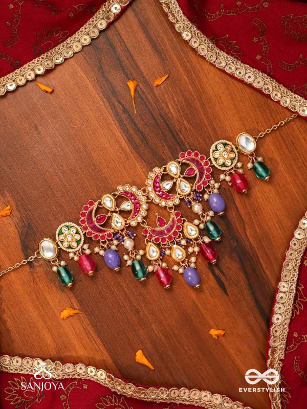 RANGAMAYA - FILLED WITH COLORS- INTRICATE KUNDAN CRESCENTS ENAMELLED NECKPIECE WITH VIBRANT BEADED FRINGES AND PEARLS